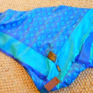 Designer Blue Monogram Shawl with Tag